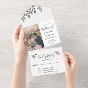 Rustic botanical monogrammed photo wedding all in one invitation
