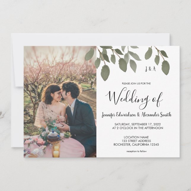 Rustic botanical monogrammed photo Wedding Invitation (Front)