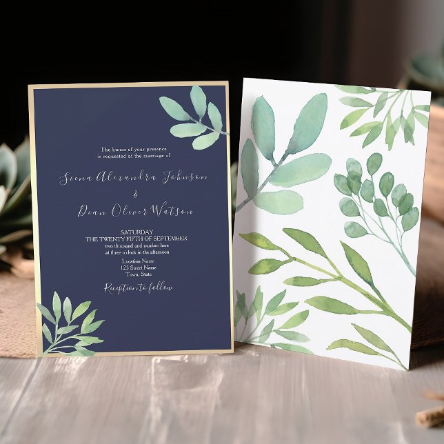 Rustic Botanical Navy Blue Wedding Invitation (Creator Uploaded)