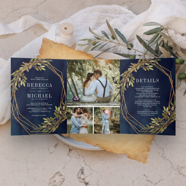 Rustic Botanical Olive Branch Navy Blue Wedding Tri-Fold Invitation (Creator Uploaded)