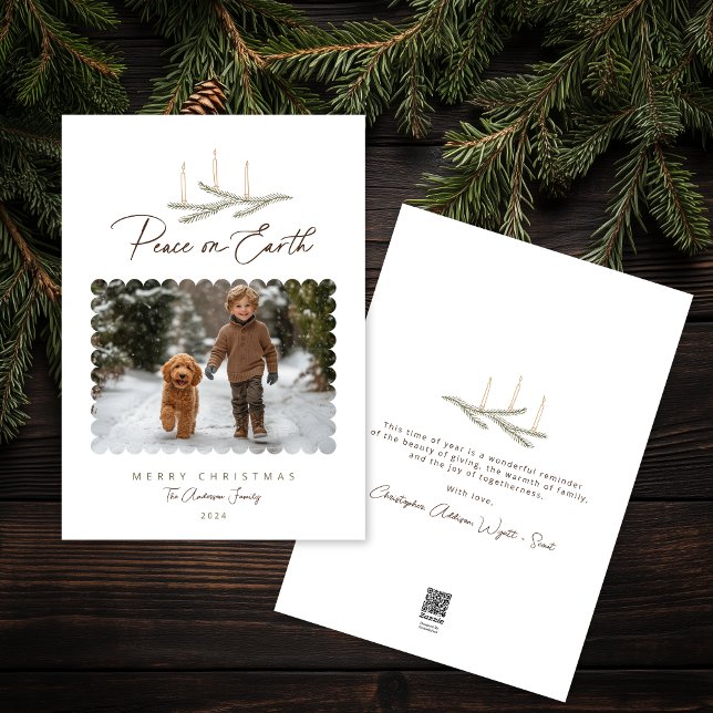 Rustic Botanical Peace on Earth Script Photo Holiday Card (Shown on a 5" x 7" card.  Double-sided.)