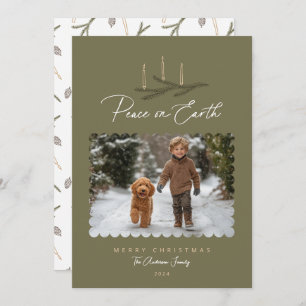 Rustic Botanical Peace on Earth Script Photo Holiday Card