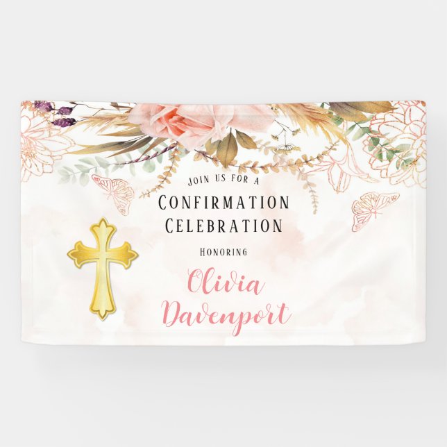 Rustic Botanical Peony Butterfly Confirmation Banner (Horizontal)