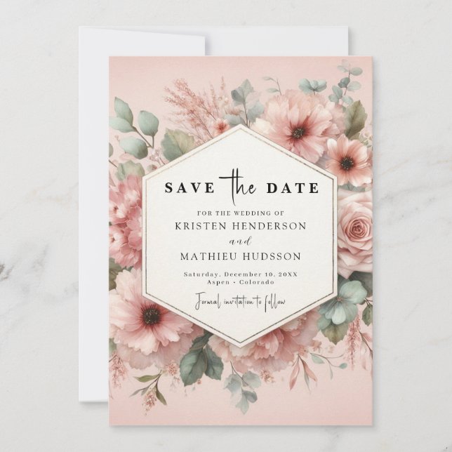 Rustic Botanical Pink Floral Wedding Save The Date (Front)