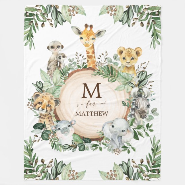 Rustic Botanical Safari Wild Animals Baby Boy Fleece Blanket (Front)