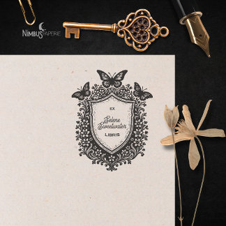 Rustic Botanical Shield Ex Libris Bookplate Stamp