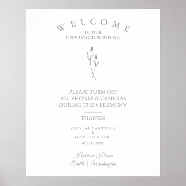 Rustic Botanical Simple Wedding Unplugged Ceremony Poster (Front)
