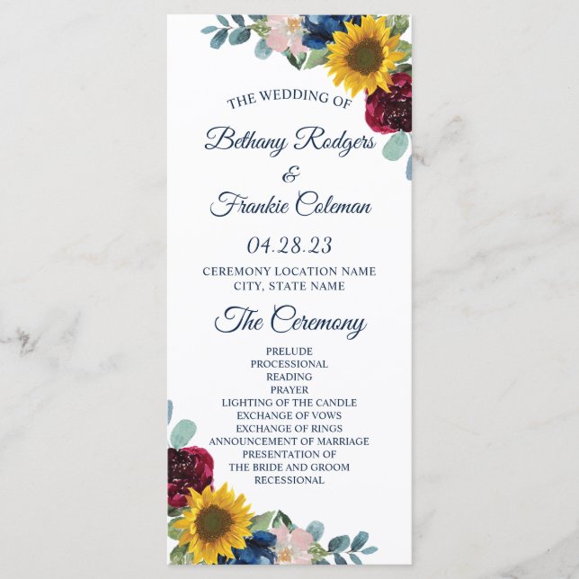 Rustic Botanical Sunflower Floral Wedding Programme (Front)