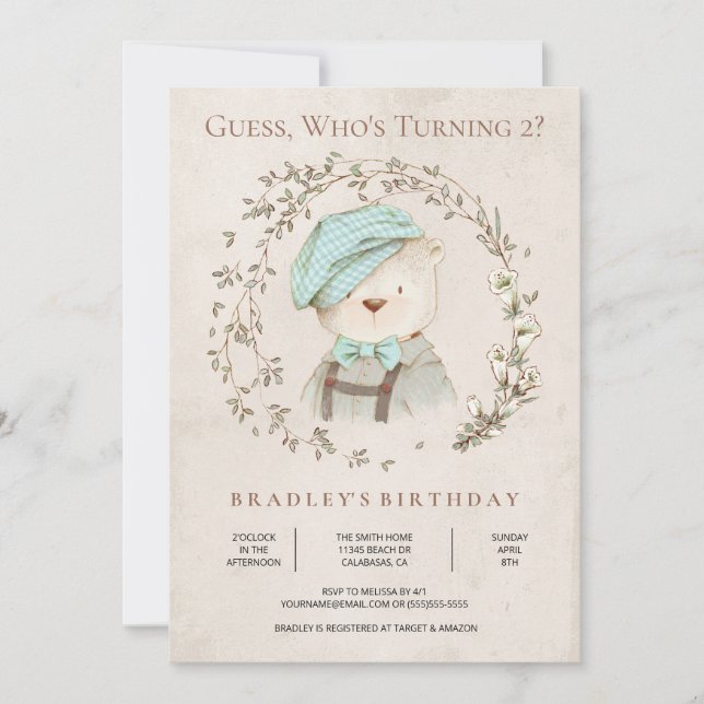 Rustic Botanical Teddy Bear Birthday Invitation (Front)