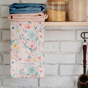 Rustic botanical watercolor flowers family name tea towel