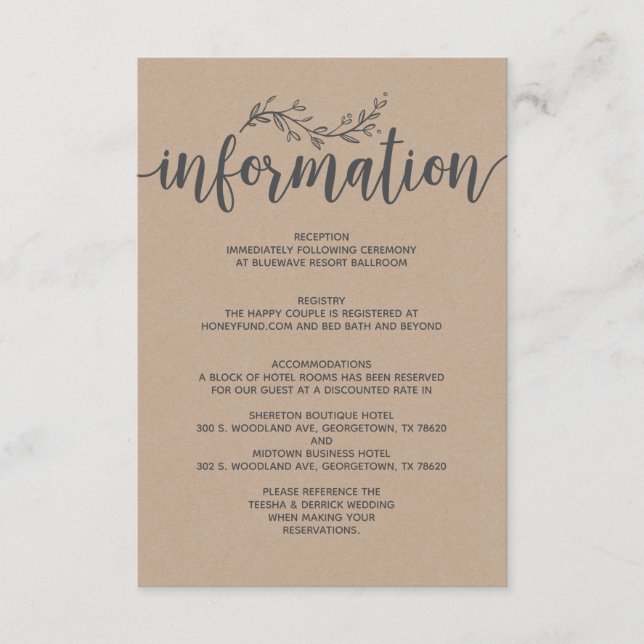 Rustic Botanical wedding information enclosure Card (Front)