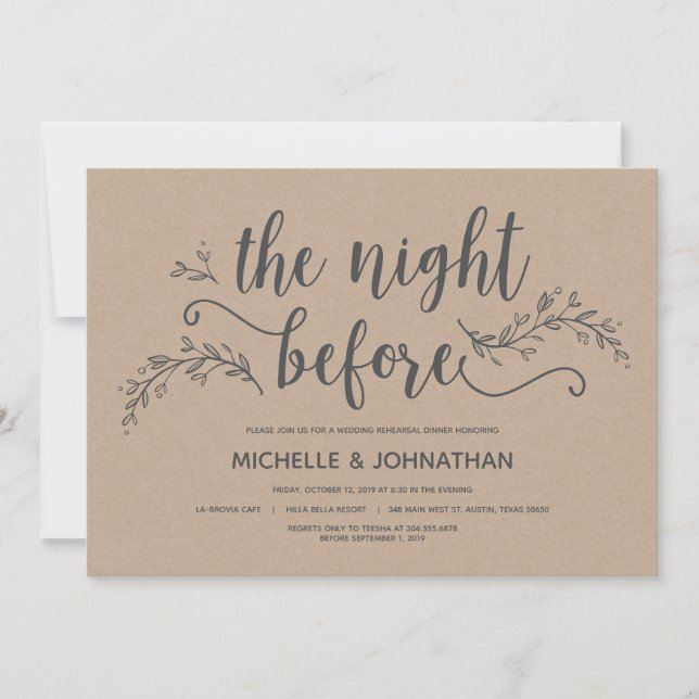 Rustic Botanical wedding rehearsal dinner invites (Front)