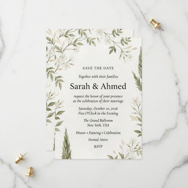 Rustic Botanical Wedding Save the Date Card  (Front/Back In Situ)