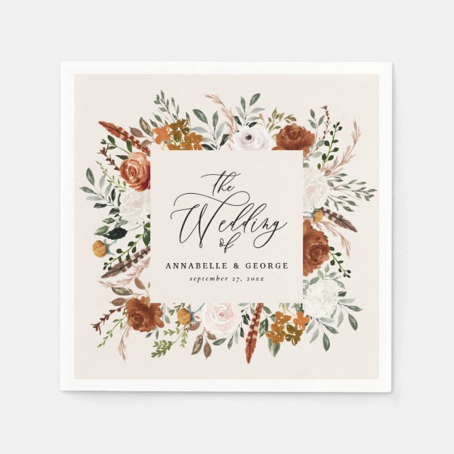Rustic botanical wedding script terracotta napkins (Front)