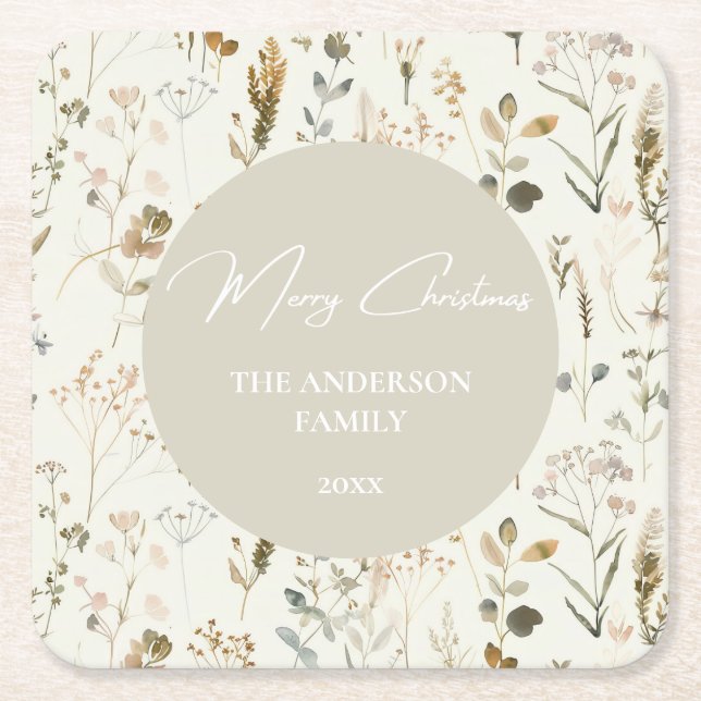Rustic Botanical Wildflower Christmas  Square Paper Coaster (Front)