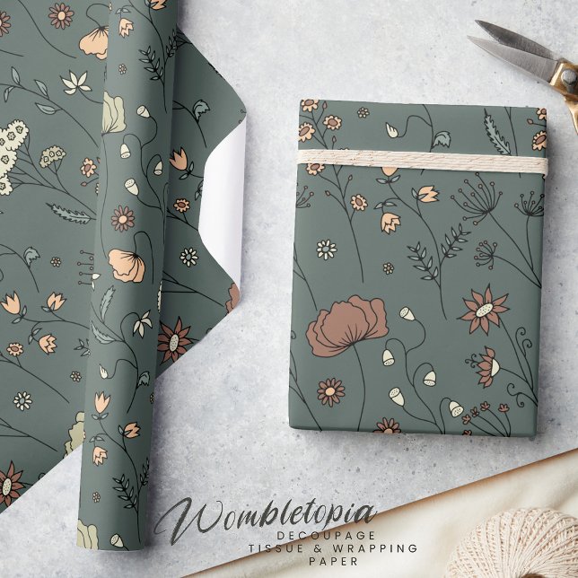 Rustic Botanical Wildflowers in Sage Green Peach Wrapping Paper (Creator Uploaded)