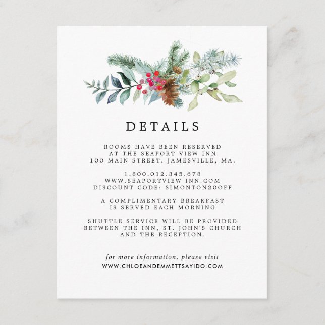Rustic Botanical Winter Wedding Guest Details Enclosure Card (Front)