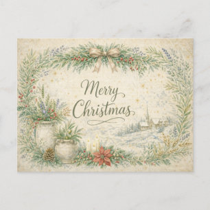 Rustic Botanical Wreath Merry Christmas Holiday Postcard