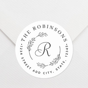Rustic Botanical Wreath Monogram Return Address Classic Round Sticker