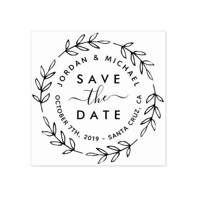 Rustic Botanical Wreath & Script Save The Date Rubber Stamp (Imprint)
