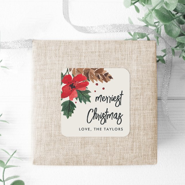 Rustic Bough | Watercolor Christmas Personalised Square Sticker (Creator Uploaded)