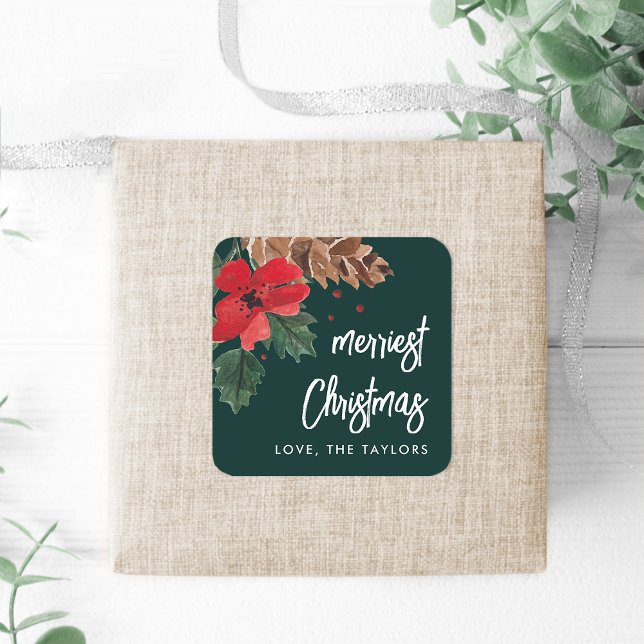 Rustic Bough | Watercolor Christmas Personalised Square Sticker (Creator Uploaded)