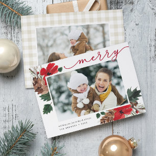Rustic Bough Watercolor Floral Photo Christmas Holiday Card