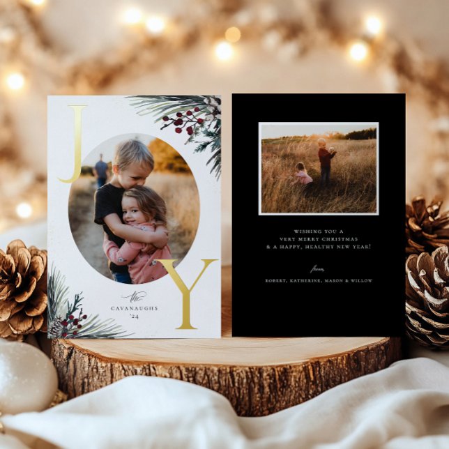 Rustic Boughs Gold Joy Holiday Photo Card (Creator Uploaded)