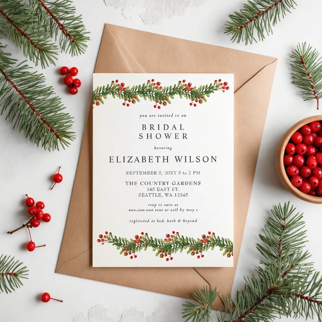 Rustic Boughs of Holly Christmas Bridal Shower Invitation (Rustic Boughs of Holly Christmas Bridal Shower Invitation)