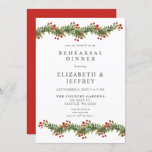 Rustic Boughs of Holly Christmas Rehearsal Dinner Invitation