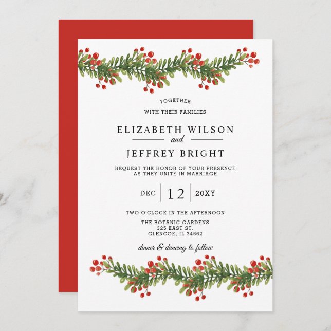 Rustic Boughs of Holly Winter Christmas Wedding In Invitation (Front/Back)