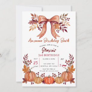 Rustic Bow Autumn Pumpkins Fall Birthday Invitation