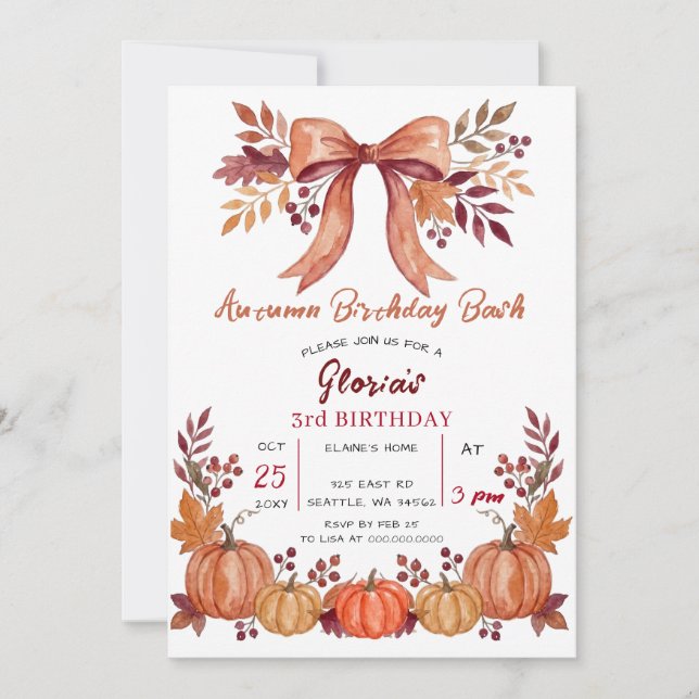 Rustic Bow Autumn Pumpkins Fall Birthday  Invitation (Front)