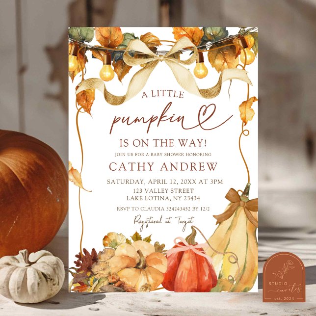 Rustic Bow Coquette pumpkin baby shower invitation (Creator Uploaded)