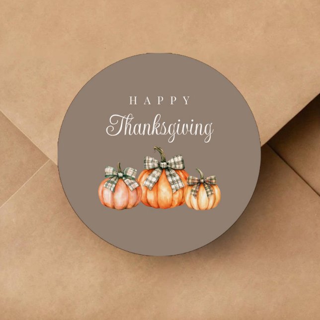 Rustic Bow Pumpkins Happy Thanksgiving Classic Round Sticker (Rustic Bow Pumpkins Happy Thanksgiving Classic Round Sticker)