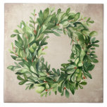 Rustic Boxwood Wreath Berries Watercolor Farmhouse<br><div class="desc">A perfect ceramic tile for your decorating. Boxwood wreath with dried berries on a rustic faux textured background. Simple watercolor graphic was used to make this farmhouse ceramic tile.</div>