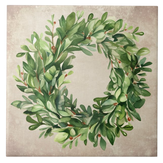 Rustic Boxwood Wreath Berries Watercolor Farmhouse Tile (Front)