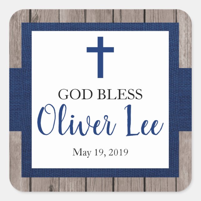 Rustic Boy Baptism God Bless Favour Square Sticker (Front)