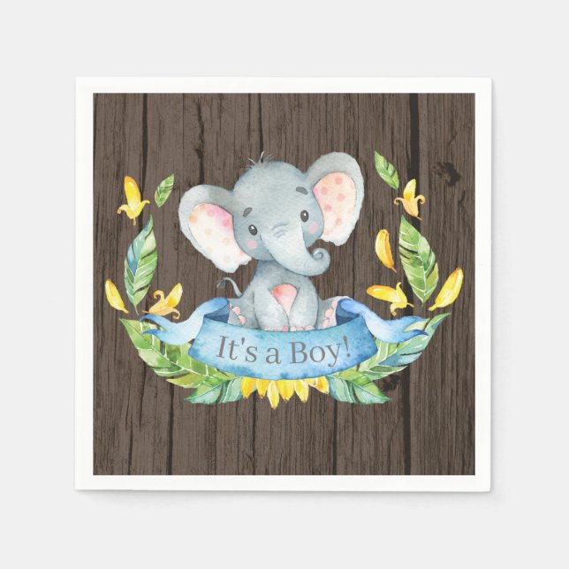 Rustic Boy Elephant Baby Shower Blue Napkins (Front)
