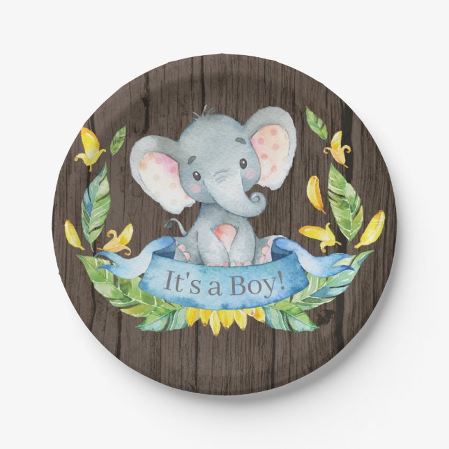 Rustic Boy Elephant Baby Shower Blue Paper Plate (Front)