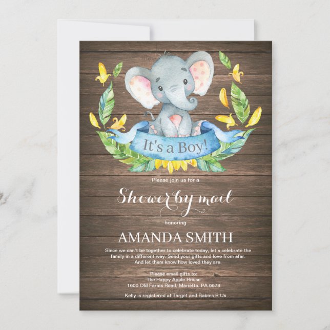 Rustic Boy Elephant Baby Shower by Mail Invitation (Front)