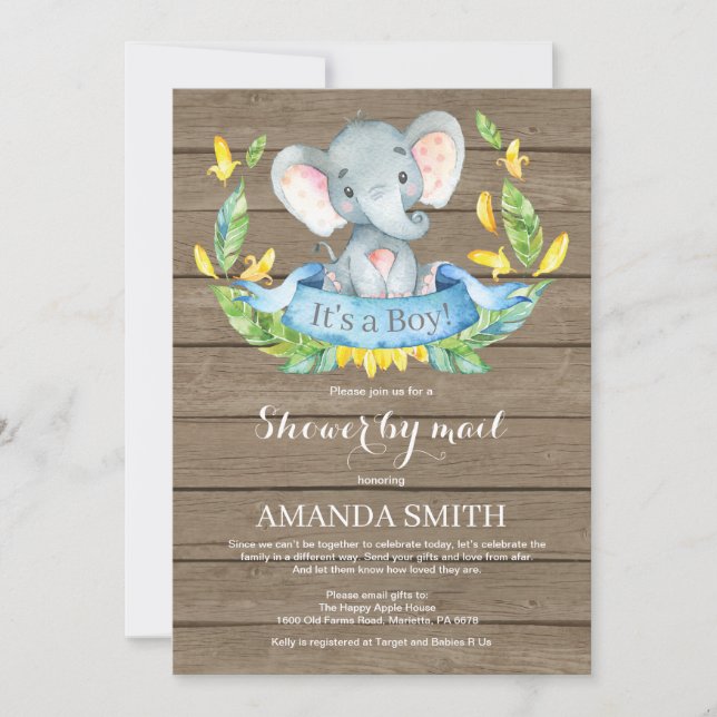 Rustic Boy Elephant Baby Shower by Mail Invitation (Front)