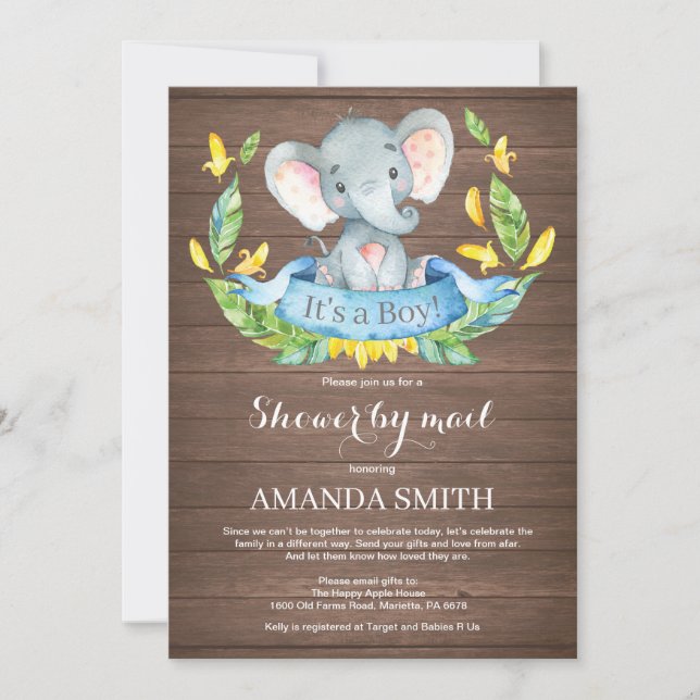 Rustic Boy Elephant Baby Shower by Mail Invitation (Front)