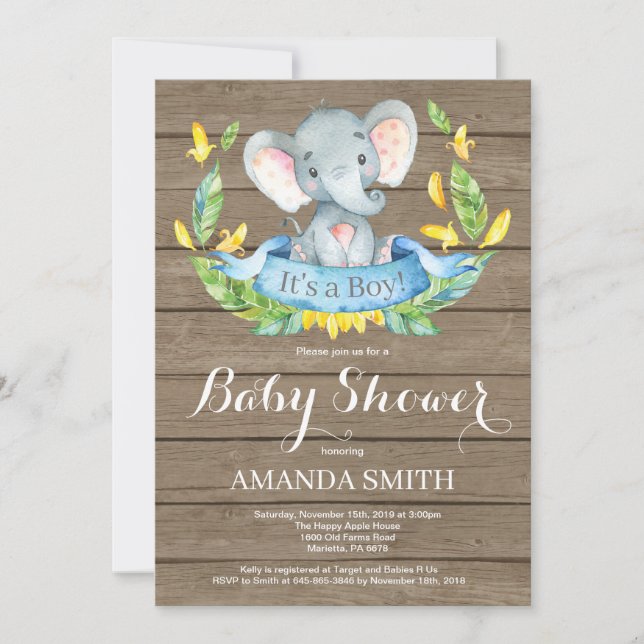 Rustic Boy Elephant Baby Shower Invitation (Front)