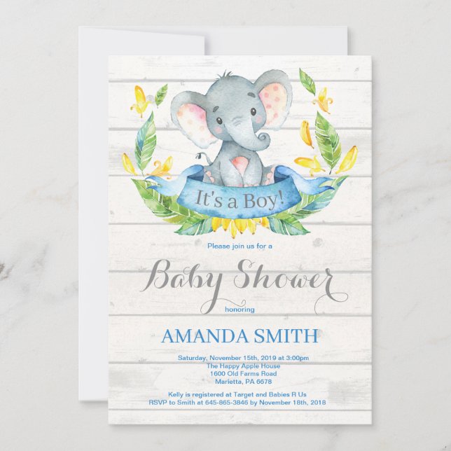 Rustic Boy Elephant Baby Shower Invitation Blue (Front)