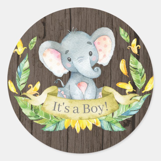 Rustic Boy Elephant Baby Shower Yellow Classic Round Sticker (Front)