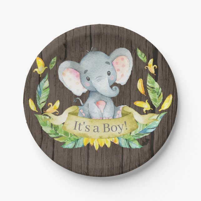 Rustic Boy Elephant Baby Shower Yellow Paper Plate (Front)
