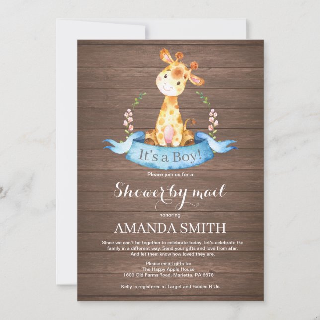 Rustic Boy Giraffe Baby Shower by Mail Invitation (Front)