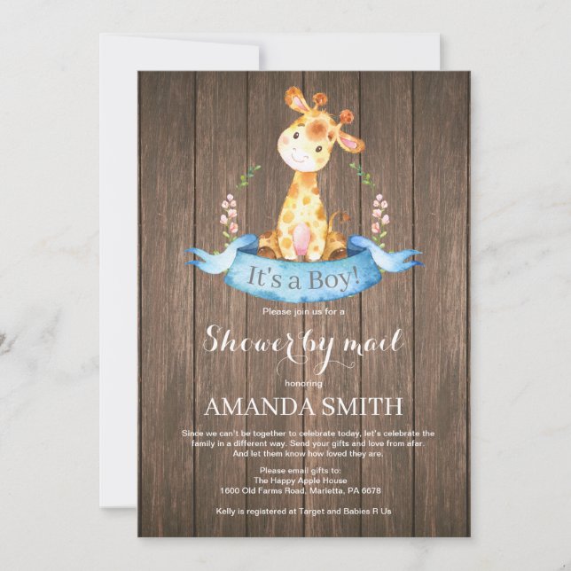 Rustic Boy Giraffe Baby Shower by Mail Invitation (Front)