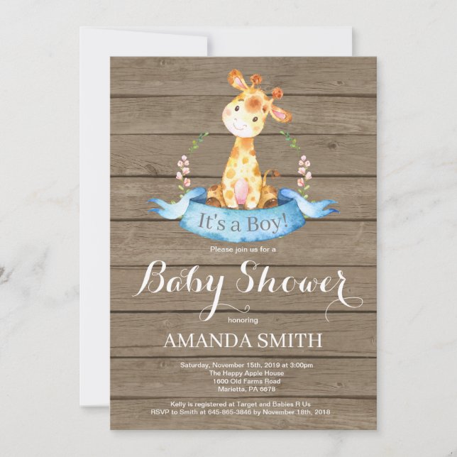 Rustic Boy Giraffe Baby Shower Invitation (Front)